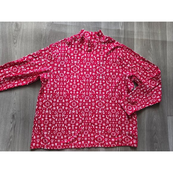 Lands End Womens 1X Mock Neck Long Sleeve Red & White Christmas Print Top - Picture 4 of 7